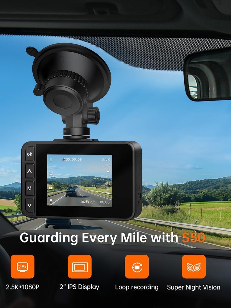 E-YEEGER Dash Cam Front and Rear, 2.5K+1080P Dual Dash Camera for Cars, 2’’ Display Mini Car Camera, G-Sensor Dashcam, Night Vision, 24H Parking Mode, Loop Recording, 170°Wide Angle, 32GB Card Included - Image 2